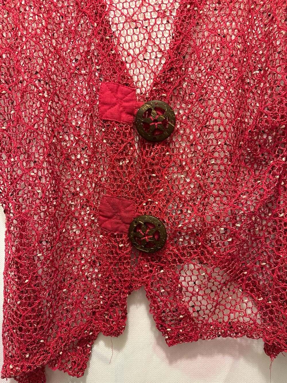 Kaktus Red Open Weave Crochet Cardigan with Large Coconut Buttons - Picture 5 of 5
